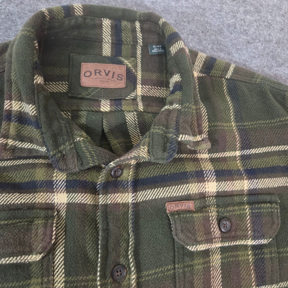 Orvis Mens XL Heavyweight Flannel Shirt Green Plaid Button Up Outdoor Hunting - Picture 2 of 7